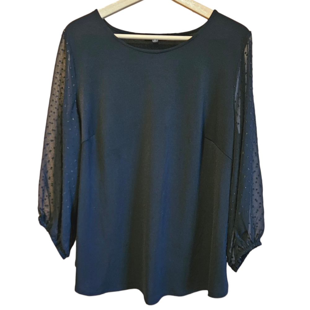 Adrianna Papell Sheer Sleeves Long Sleeve Blouse Black Women's 1X
